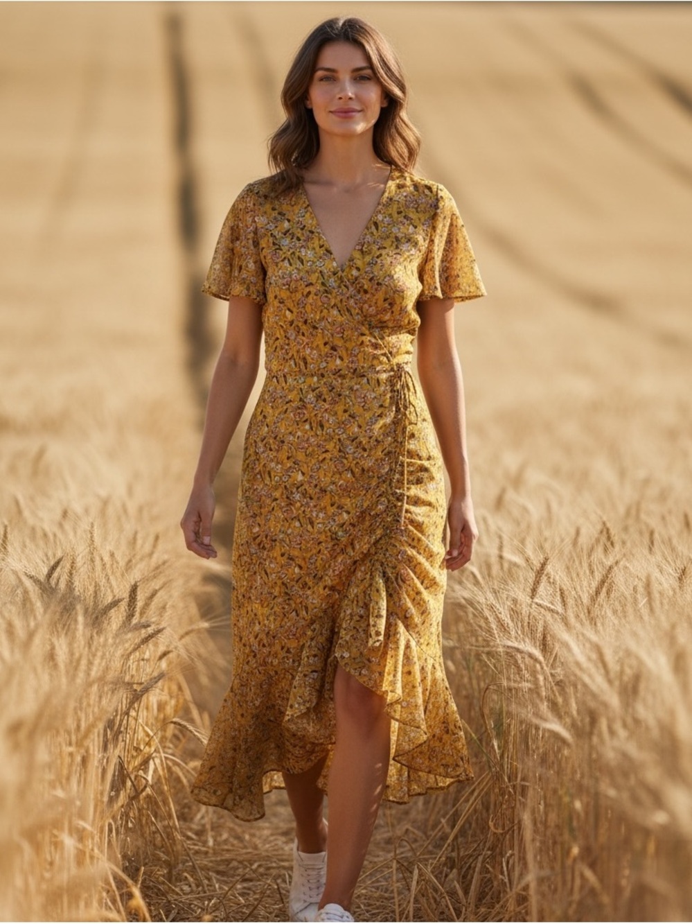 Sam Edelman Yellow Floral Ruched Asymmetric High-Low Midi Dress Size 12